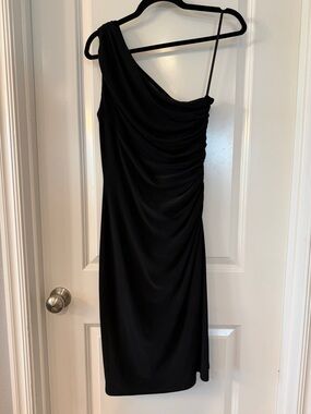 Ralph Lauren Black One Shoulder Draped Front Ruched Side Stretch Bodycon Dress 8